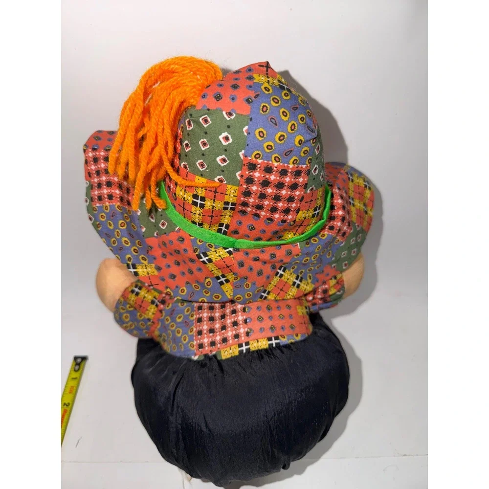 Vintage Patchwork Clown Plush Doll Colorful Bow Tie Orange Yarn Hair 12 Inch